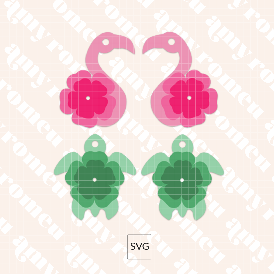 Set of 2 Layered Flamingo & Turtle Faux Leather Keychains SVG