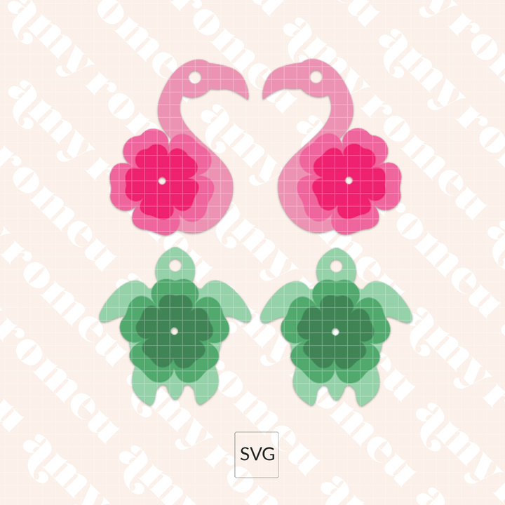 Set of 2 Layered Flamingo & Turtle Faux Leather Keychains SVG