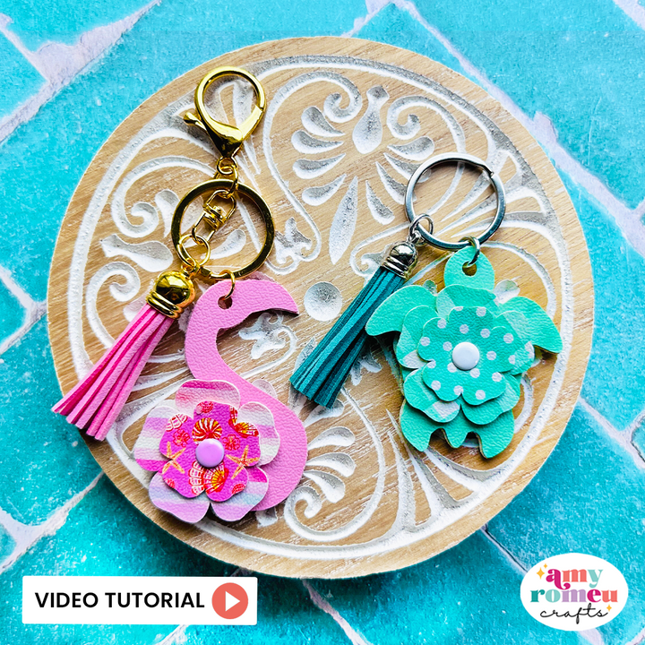 Set of 2 Layered Flamingo & Turtle Faux Leather Keychains SVG