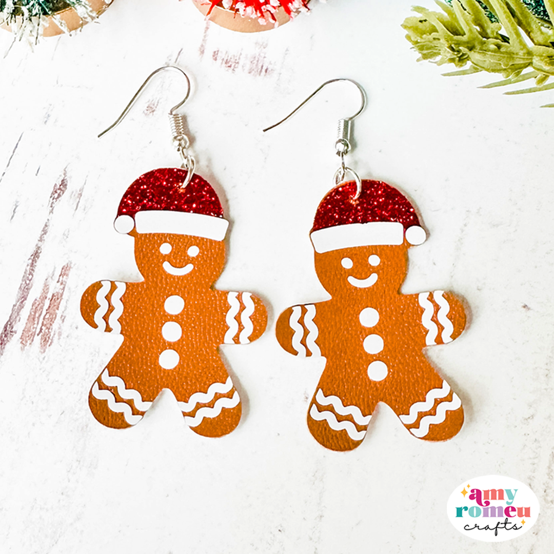 Gingerbread Man with Santa Hats Faux Leather Earrings SVG