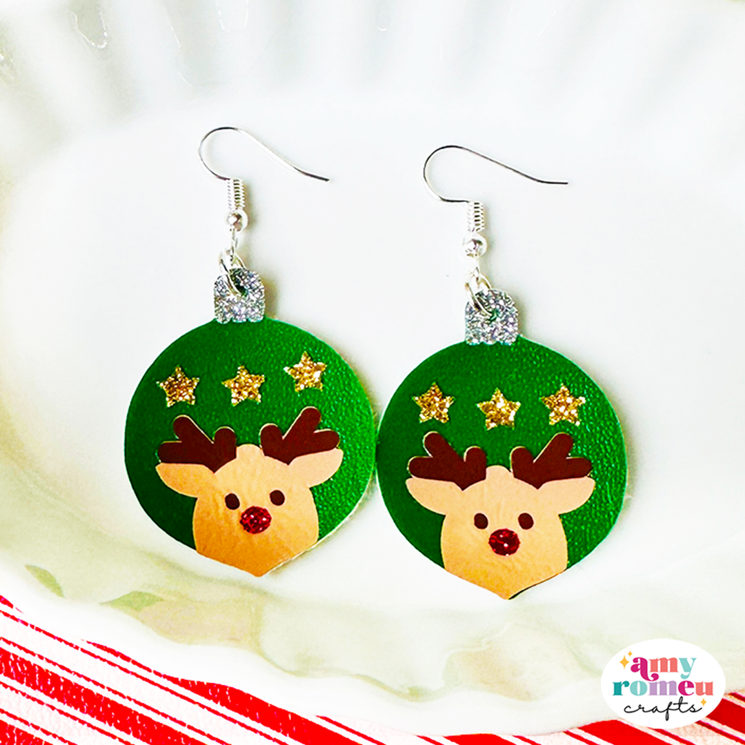 Reindeer Ornament Faux Leather Earrings SVG