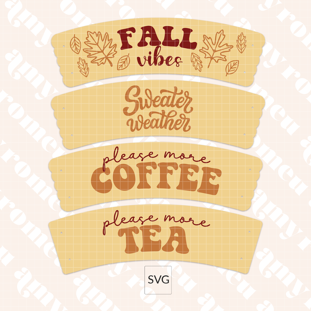 Set of 4 Fall Faux Leather Coffee Cup Sleeve SVGs & Video Tutorial