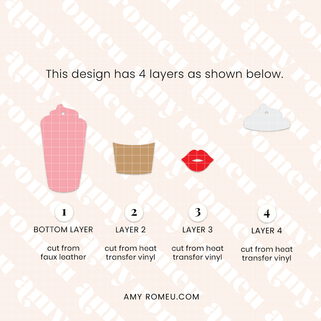 Valentine's Day Lips Latte Coffee Cup Faux Leather Earring SVG