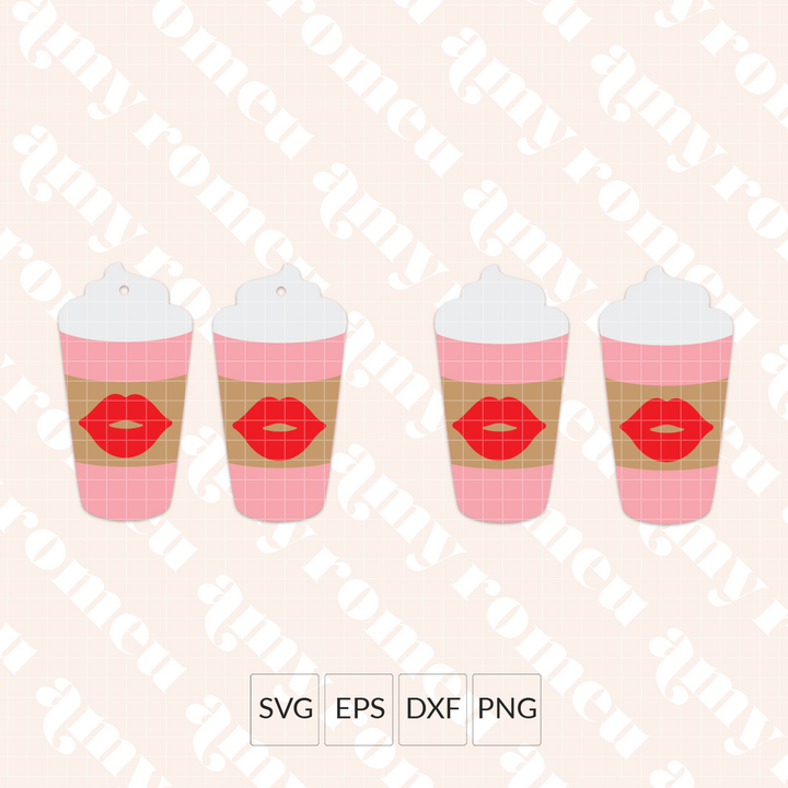 Valentine's Day Lips Latte Coffee Cup Faux Leather Earring SVG