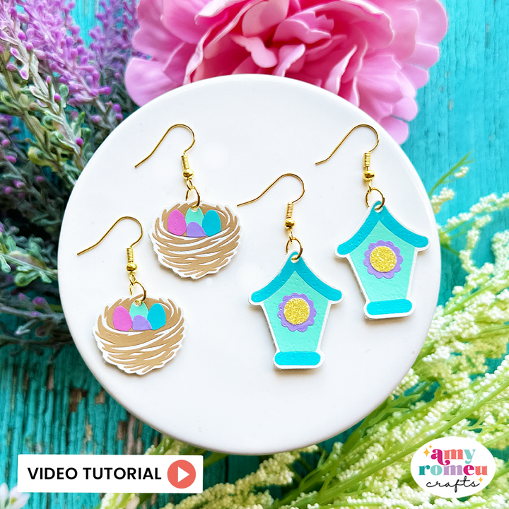 Bird's Nest & Birdhouse Faux Leather Earrings SVG