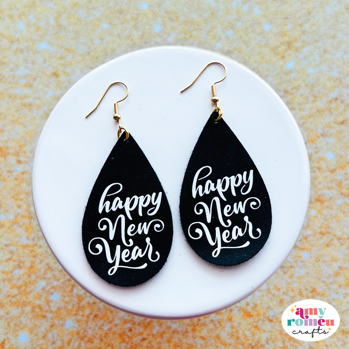 Happy New Year Faux Leather Teardrop Earrings SVS