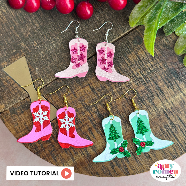 Christmas Cowboy Boot Faux Leather Earrings SVGs