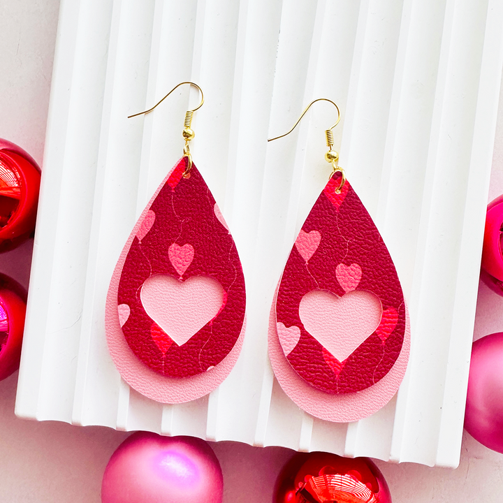 Layered Cutout Heart Teardrop Faux Leather Earring SVG