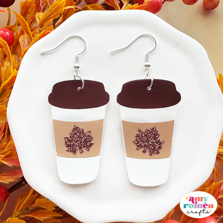 Fall Leaf Coffee Cup Faux Leather Earrings SVG