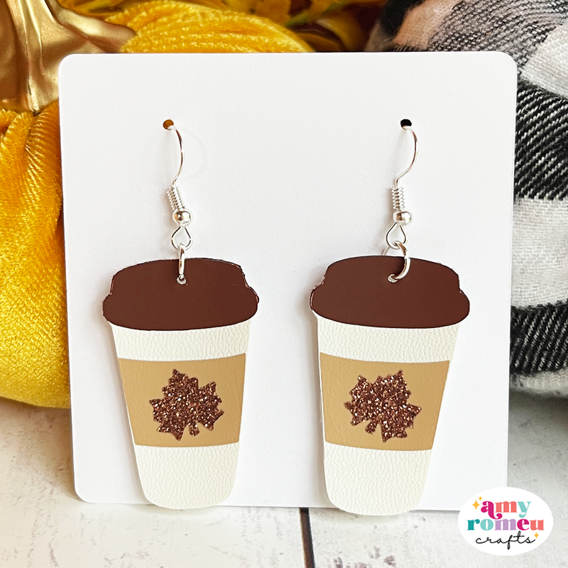 Fall Leaf Coffee Cup Faux Leather Earrings SVG