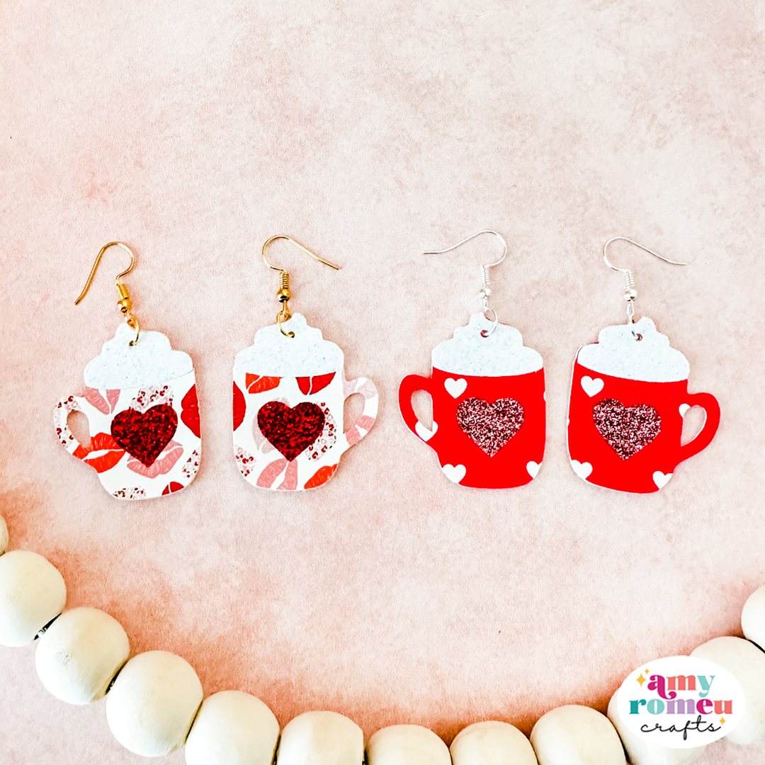 Valentine's Day Coffee Cup Faux Leather Earrings SVG