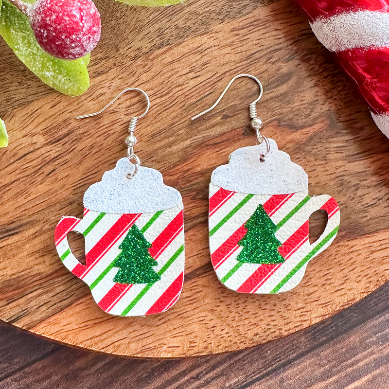 Christmas Tree Hot Cocoa/Coffee Cup Faux Leather Earrings SVG