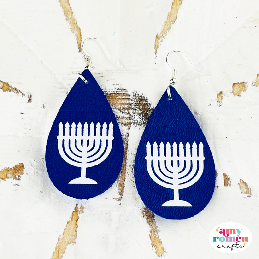 Menorah Faux Leather Teardrop Earrings SVG