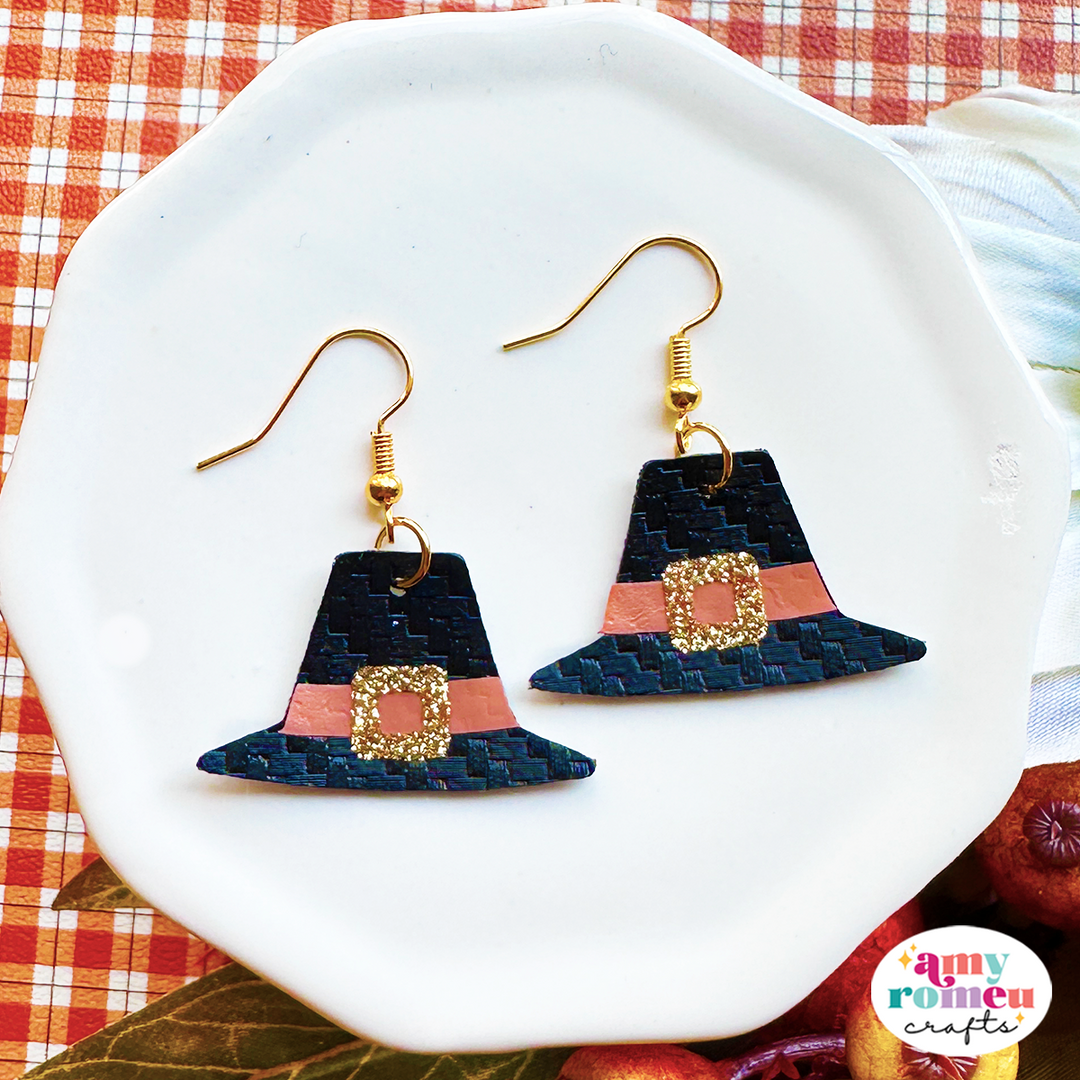 Pilgrim Hat Faux Leather Earrings SVG