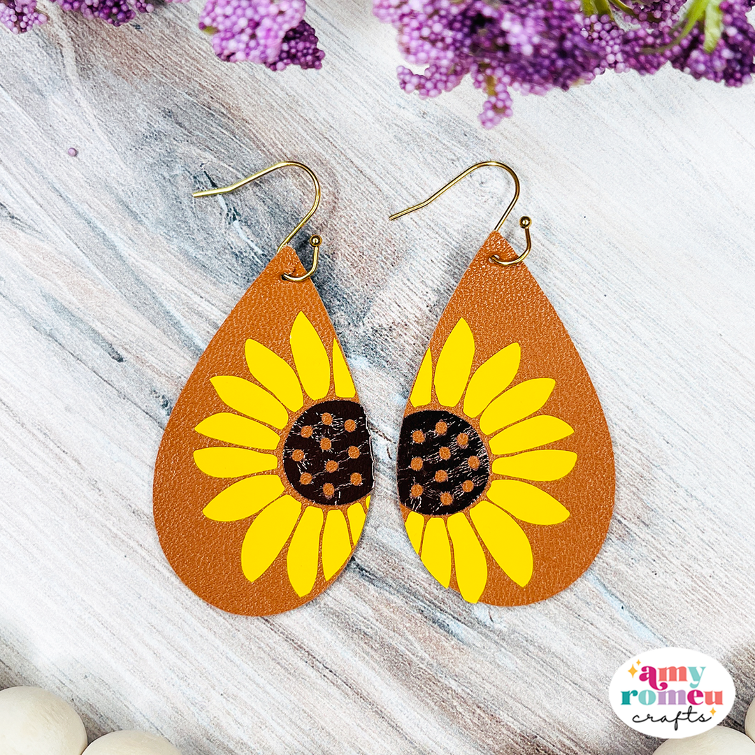 Sunflower Teardrop Faux Leather Earrings SVG