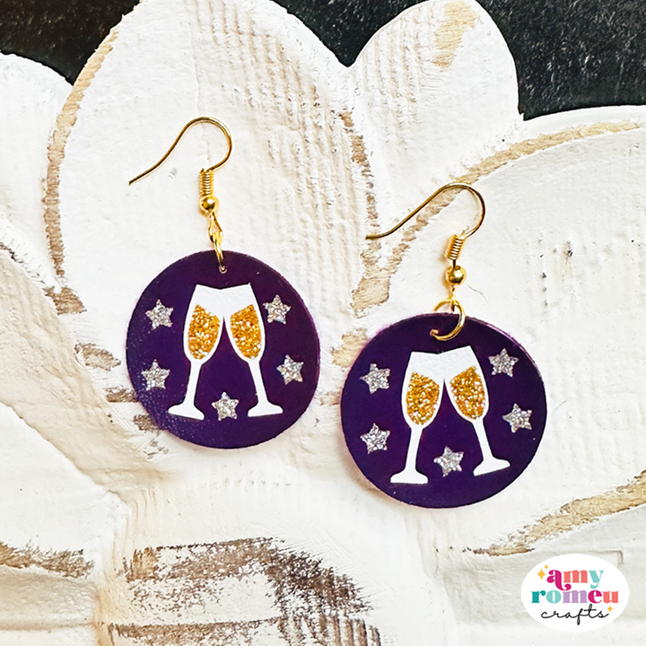 New Years Eve Champagne Glass Faux Leather Earrings SVG