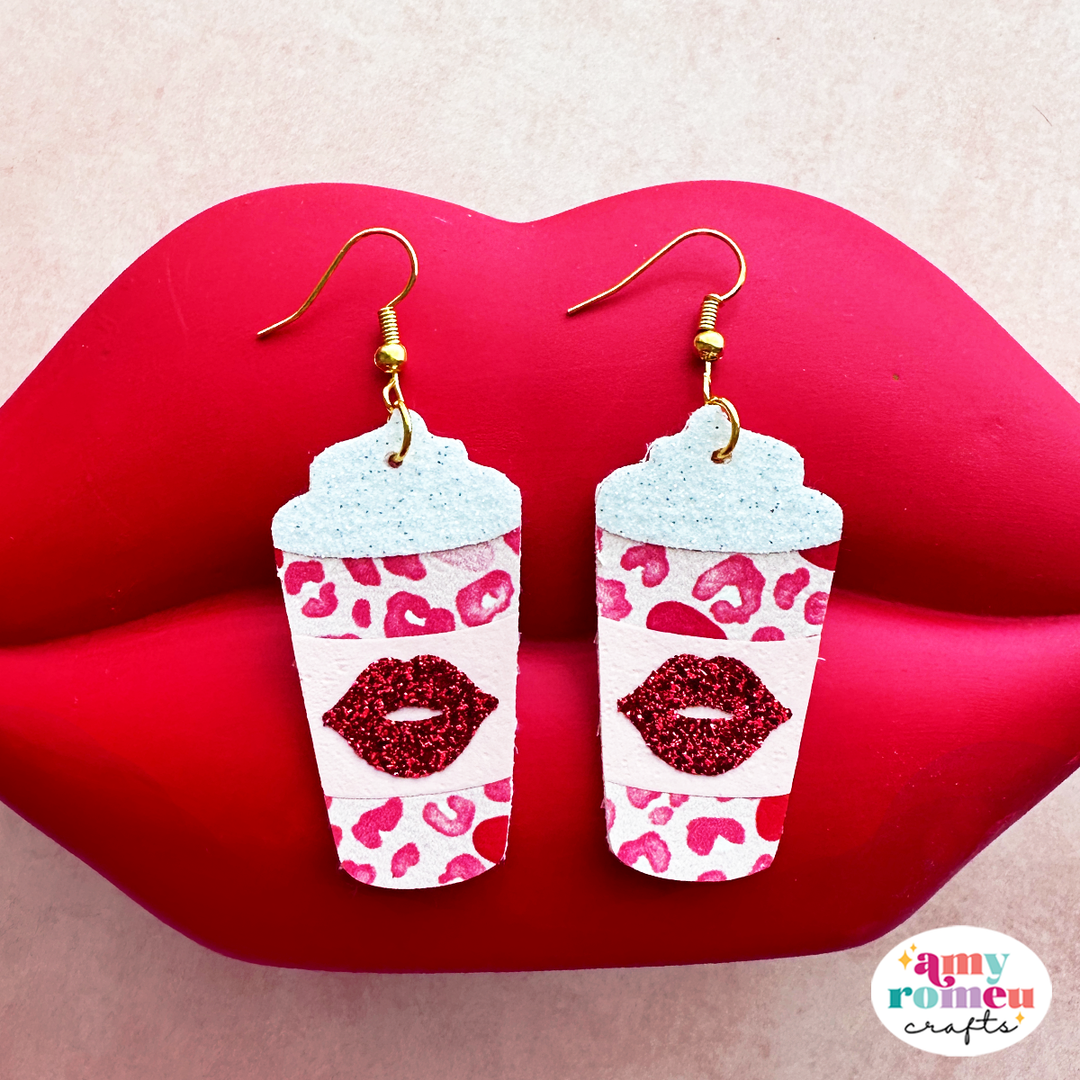 Valentine's Day Lips Latte Coffee Cup Faux Leather Earring SVG