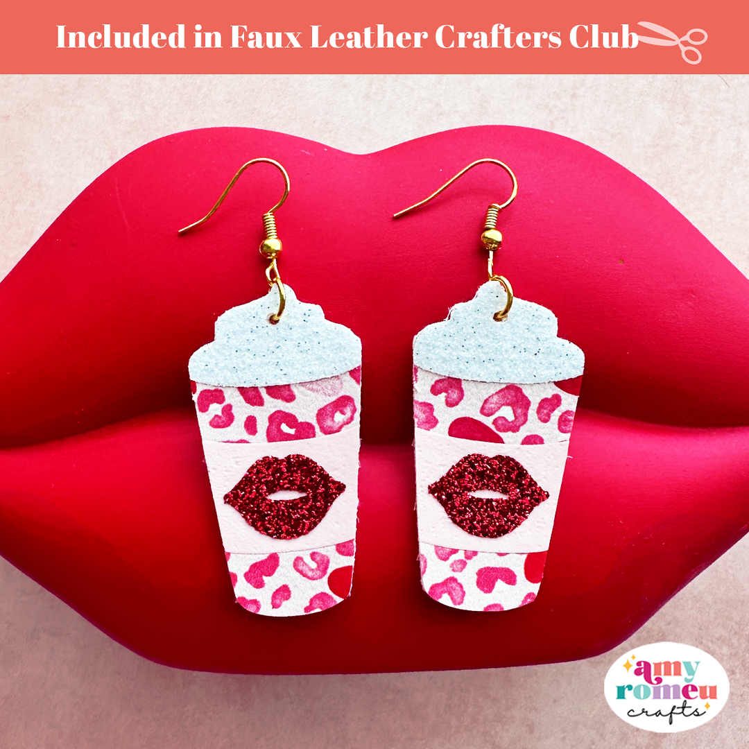 Valentine's Day Lips Latte Coffee Cup Faux Leather Earring SVG