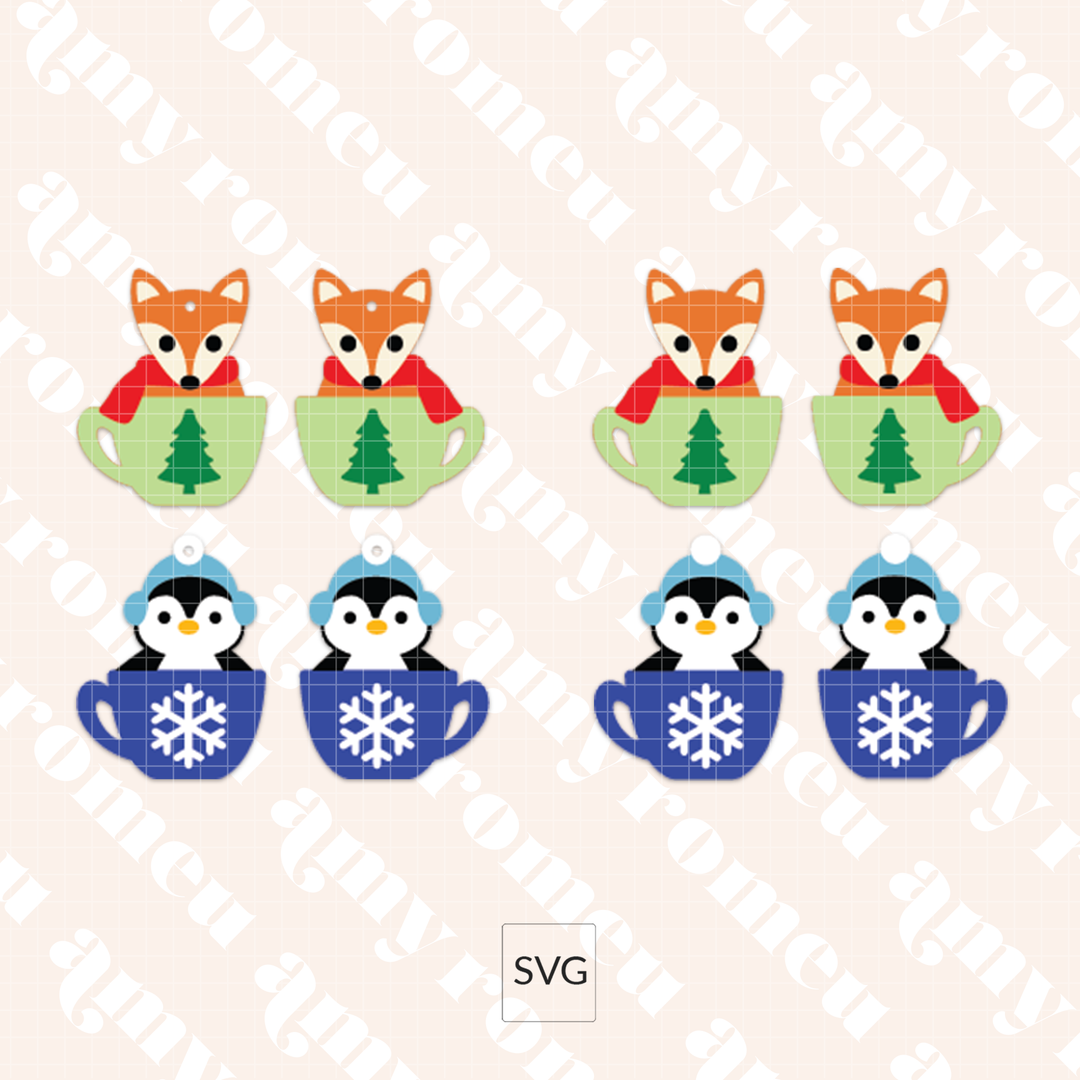 Faux Leather Winter Animal Hot Cocoa Cup Earrings SVG