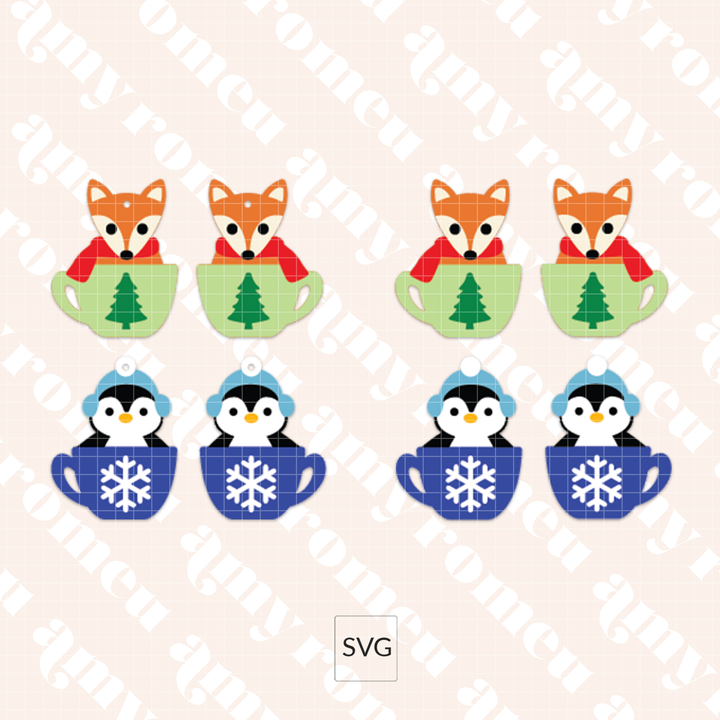 Faux Leather Winter Animal Hot Cocoa Cup Earrings SVG