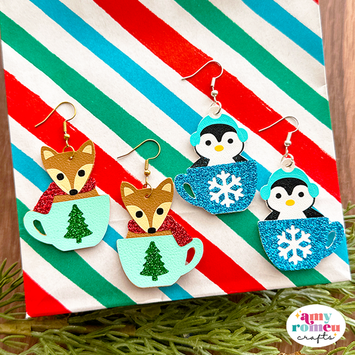 Faux Leather Winter Animal Hot Cocoa Cup Earrings SVG